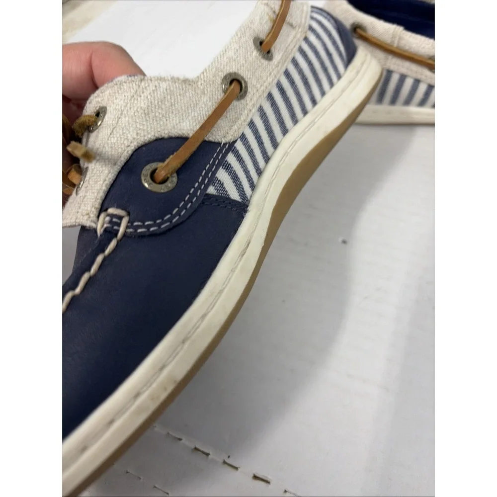 Sperry Top-Sider Women's 8M Boat Shoes Navy Cream Striped Leather Canvas T14